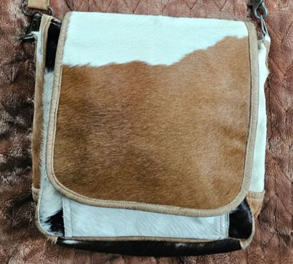 Genuine Hair On Hide Cowhide Leather Crossbody Bag Western Rustic Messenger Flap